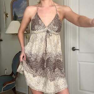 Vintage Joie Y2K Babydoll Mini Dress Brown Cream Halter Summer Festival